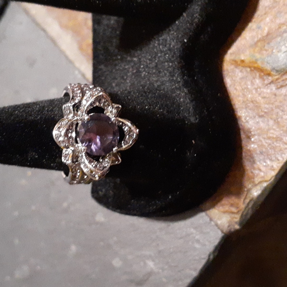 Beautiful amethyst 925 marked cz lotus flower ring size 7